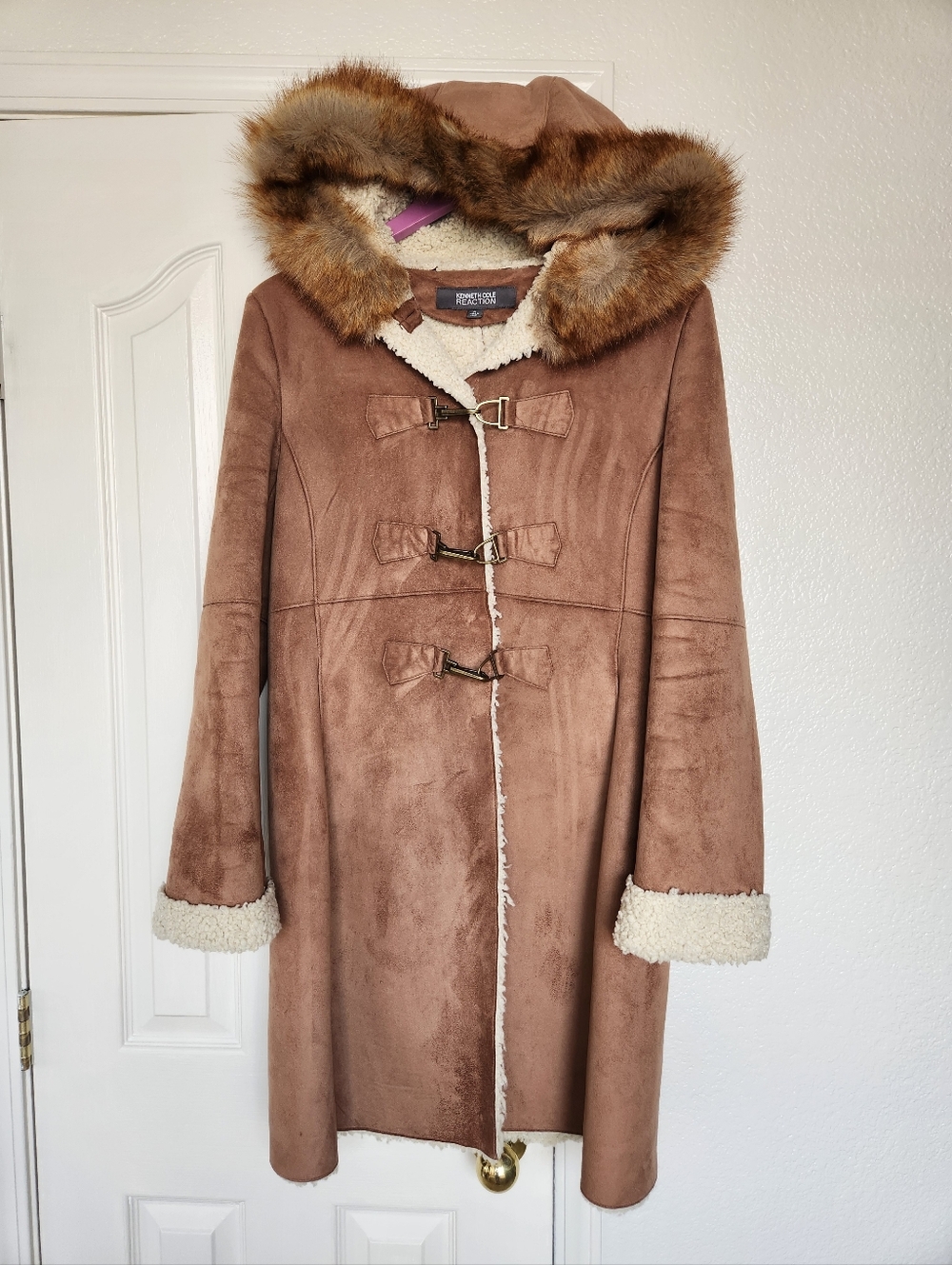 Kenneth Cole Reaction Faux Leather Fleece Hooded Toggle Jacket Size M